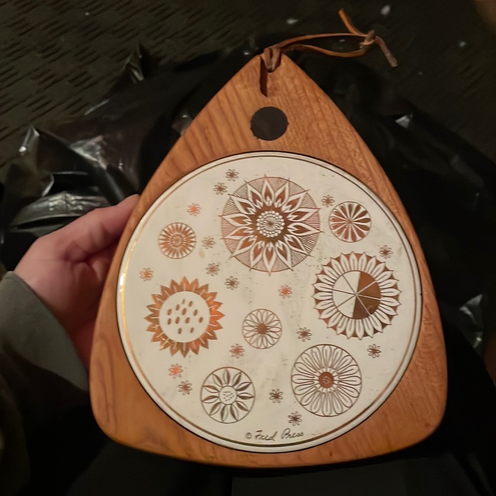 Vintage MCM Mid Century Fred Press Trivet Cheese Plate Gold Medallions Hot Pad